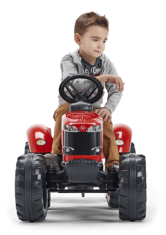 grand garçon sur un tracteur rouge Falk Toys