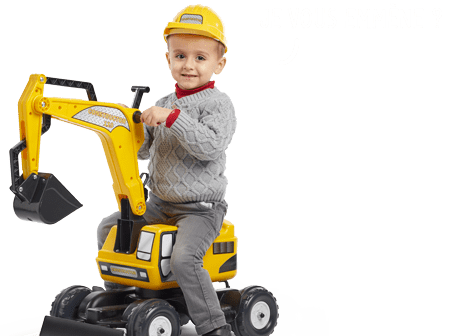 Enfant sur un jouet roulant Falk jaune