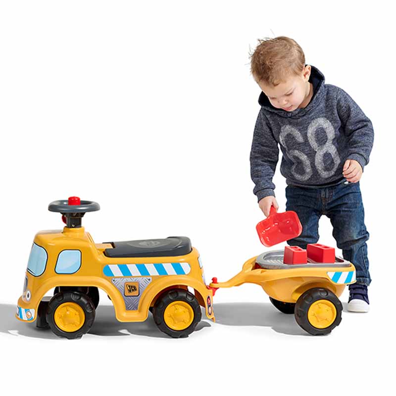 JCB construction ride-on with opening seat, steering wheel with horn, trailer and sand toys - Image 6