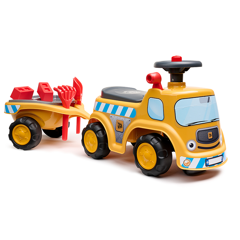 JCB construction ride-on with opening seat, steering wheel with horn, trailer and sand toys