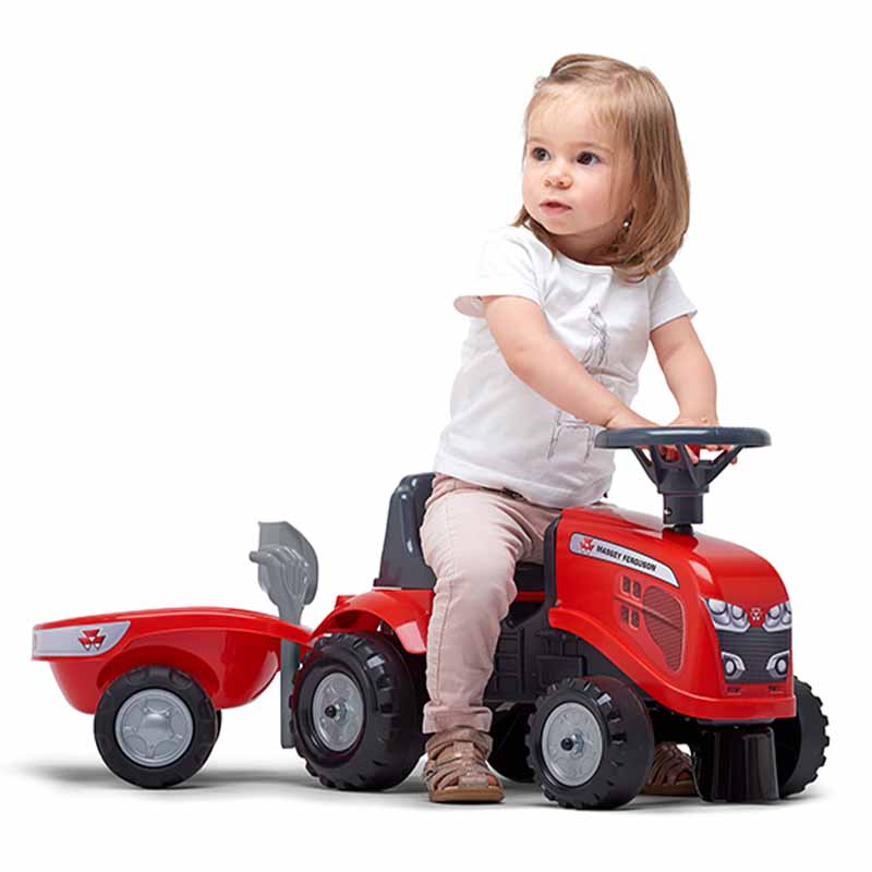 Baby Massey Ferguson ride-on tractor with trailer, rake & shovel - Image 3
