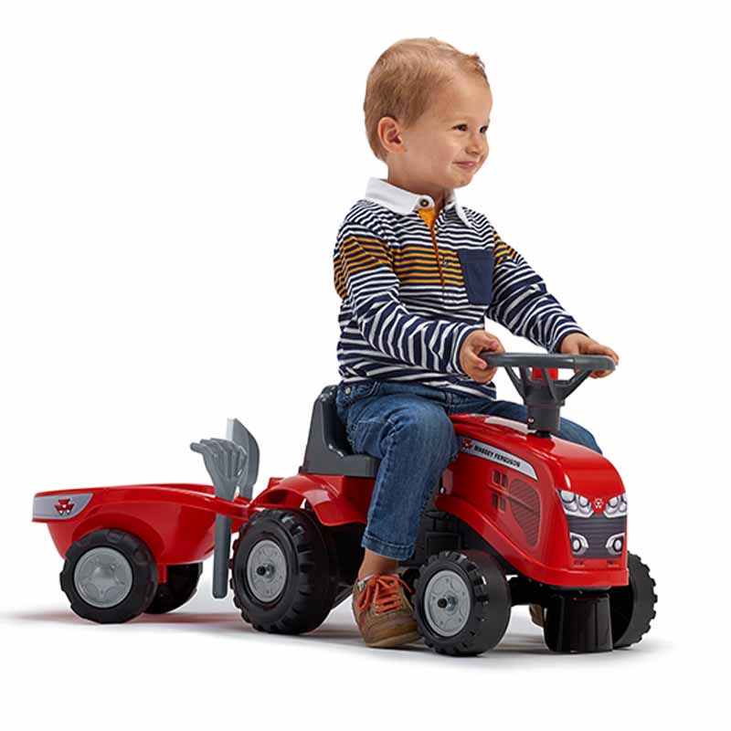 Baby Massey Ferguson ride-on tractor with trailer, rake & shovel - Image 4