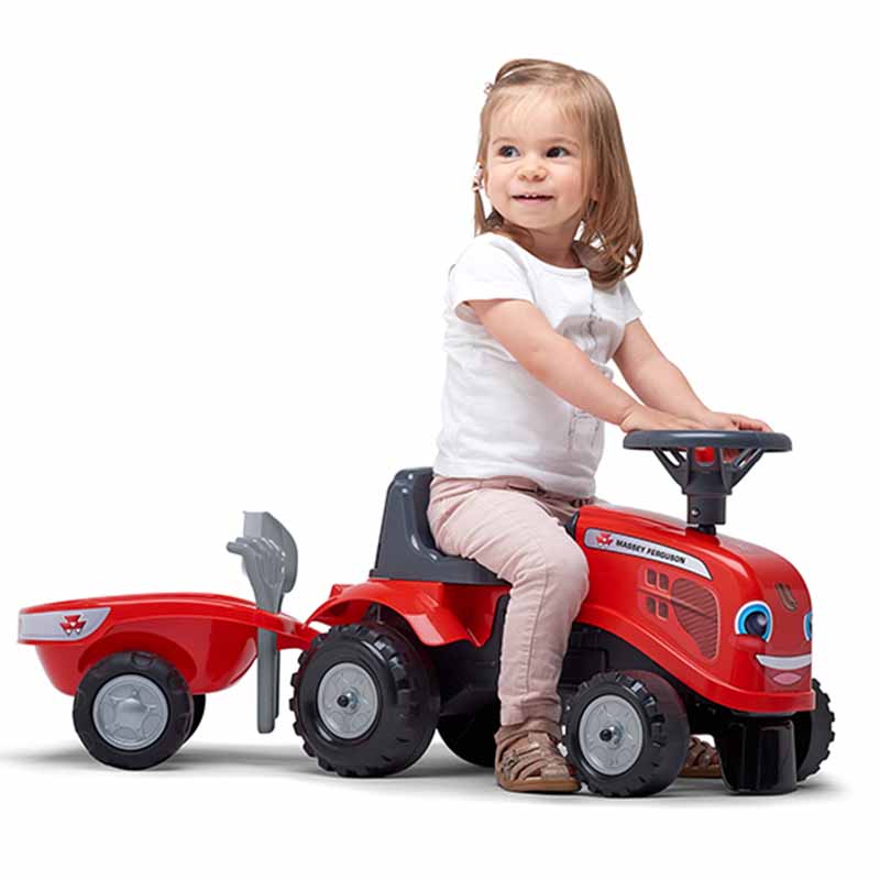 Baby Massey Ferguson ride-on tractor with trailer, rake & shovel - Image 5