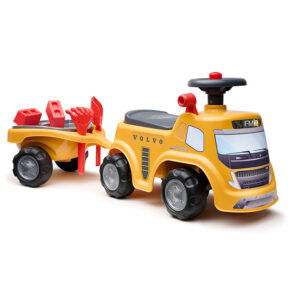 Volvo construction ride-on with opening seat, steering wheel with horn, trailer and sand toys